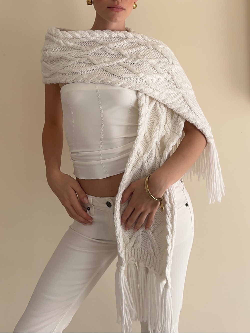 Cozy White Cable Knit Scarf